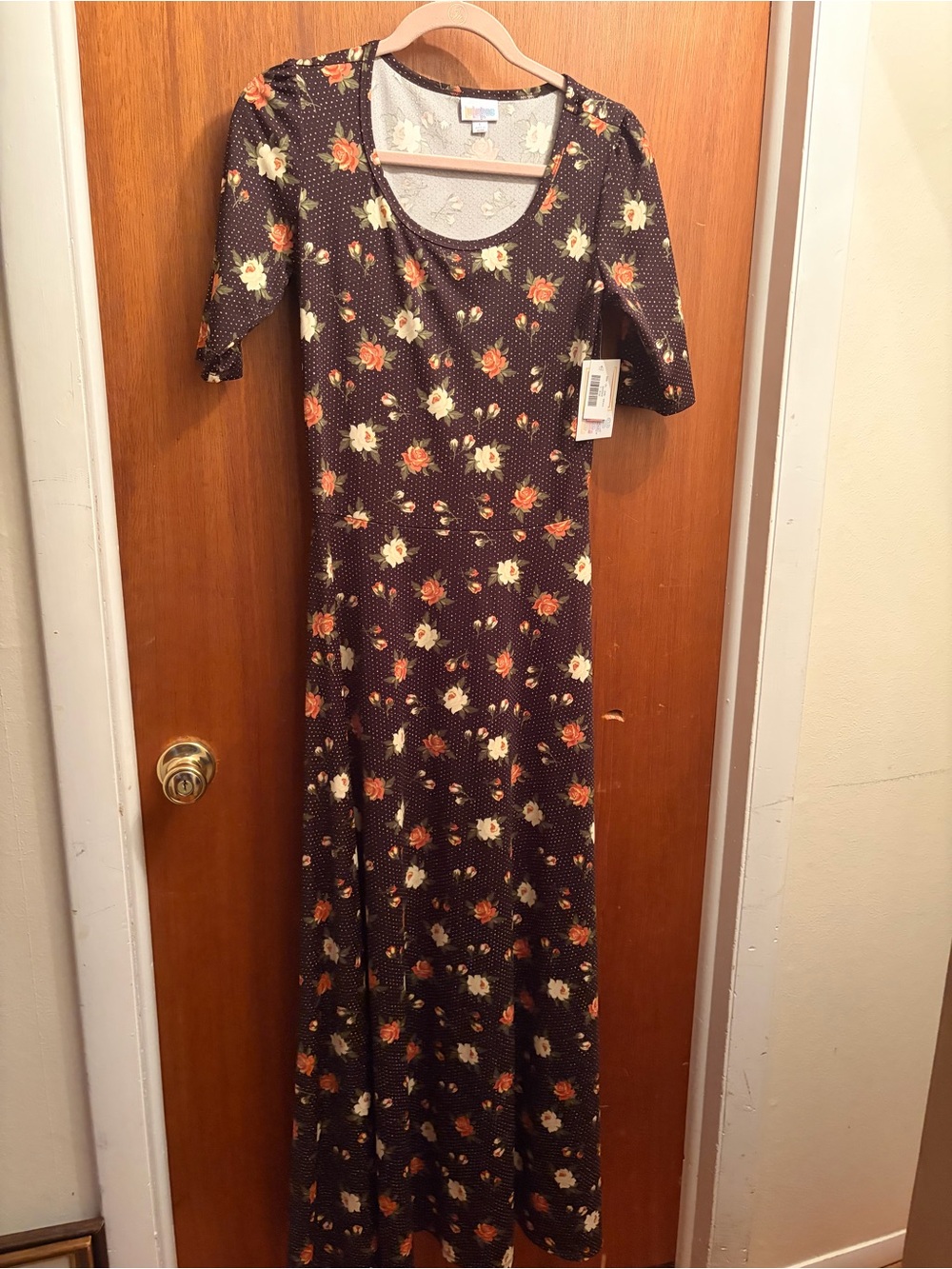 LuLaRoe NWT Ana Brown Floral Scoop-Neck Maxi Dress with Orange and Cream Flowers